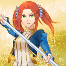 Rule 34 | 1girl, artist name, eleanor hume, fingerless gloves, gloves, green eyes, long hair, mzroas, open mouth, orange hair, polearm, solo, spear, tales of (series), tales of berseria, twintails, weapon