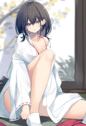 Rule 34 | 1girl, black hair, blurry, blurry background, blush, breasts, collarbone, commentary request, depth of field, flying sweatdrops, hair ribbon, highres, indoors, japanese clothes, kavka, kimono, knee up, long hair, long sleeves, looking at viewer, medium breasts, miko, open clothes, open kimono, original, parted lips, red eyes, red ribbon, ribbon, ribbon-trimmed sleeves, ribbon trim, sitting, solo, tabi, white kimono, white legwear, wide sleeves