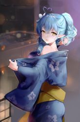 Rule 34 | 1girl, absurdres, ahoge, alternate costume, bare shoulders, blue hair, elf, flower, hair flower, hair ornament, heart, heart ahoge, highres, hololive, japanese clothes, kimono, looking at viewer, looking back, obi, pointy ears, ponytail, sash, solo, sunano reona, sweat, undressing, virtual youtuber, yellow eyes, yukihana lamy