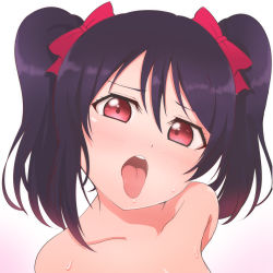Rule 34 | 10s, 1girl, absurdres, black hair, blush, bow, gradient background, hair bow, highres, looking at viewer, love live!, love live! school idol project, medium hair, nude, open mouth, out-of-frame censoring, red bow, red eyes, revision, simple background, solo, sweat, tongue, tongue out, twintails, upper body, wewe, yazawa nico