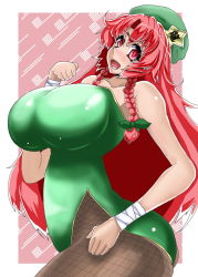 Rule 34 | 1girl, bare shoulders, braid, breasts, chinese clothes, curvy, female focus, fishnets, hat, hong meiling, huge breasts, long hair, open mouth, pantyhose, profile, red eyes, red hair, solo, standing, touhou, urx ura