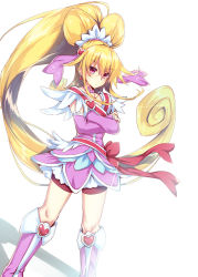 Rule 34 | 1girl, aida mana, arm warmers, asymmetrical clothes, bike shorts, blonde hair, boots, brooch, commentary request, cure heart, curly hair, detached sleeves, dokidoki! precure, dress, earrings, eyelashes, hair ornament, half updo, heart, heart brooch, heart earrings, heart hair ornament, highres, jewelry, knee boots, kneehighs, long hair, looking at viewer, magical girl, pink dress, pink eyes, pink ribbon, pink shorts, pink theme, ponytail, precure, ribbon, satou (kuso-neet), shorts, shorts under dress, simple background, socks, solo, standing, white background