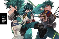 1boy aqua_bodysuit aqua_gloves aqua_hair aqua_mask belt belt_buckle belt_pouch birthday black_whip_(boku_no_hero_academia) blazer blue_eyes boku_no_hero_academia bright_pupils brown_belt buckle chiyaya clenched_hands closed_mouth commentary_request cowboy_shot crossed_arms double_horizontal_stripe flick floating_clothes floating_mask floating_scarf foreshortening freckles from_side furrowed_brow gloves green_pants grey_gloves grey_jacket hands_up happy_birthday highres imminent_attack jacket light_particles long_sleeves looking_at_viewer looking_to_the_side male_focus mask mask_around_neck midair midoriya_izuku mouth_mask multicolored_clothes multicolored_scarf multiple_views necktie outline outstretched_arms pants partial_commentary pouch profile projected_inset red_belt red_necktie scarf school_uniform serious shirt shoe_soles short_hair sideways_glance sideways_mouth simple_background smile spread_legs striped_clothes striped_scarf tendril three_quarter_view timestamp u.a._school_uniform unworn_mask upper_body v-shaped_eyebrows vertical-striped_clothes vertical-striped_scarf white_background white_outline white_pupils white_shirt