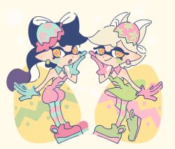 Rule 34 | 2girls, :o, ankle boots, bare shoulders, black hair, blue collar, blue gloves, boots, bow-shaped hair, callie (splatoon), closed mouth, collar, commentary request, detached collar, dress, earrings, easter egg, egg, egg earrings, eggshell hat, facepaint, full body, gloves, green dress, green footwear, green hair, grey hair, hand on own cheek, hand on own face, inkling, jewelry, jumpsuit, long hair, marie (splatoon), multiple girls, nintendo, official alternate costume, open mouth, orange eyes, pantyhose, pink collar, pink footwear, pink gloves, pink jumpsuit, short hair, short jumpsuit, smirk, splatoon (series), splatoon 3, star-shaped pupils, star (symbol), strapless, strapless dress, striped clothes, striped pantyhose, swept bangs, symbol-shaped pupils, tentacle hair, thick eyebrows, twintails, two-tone pantyhose, ukata, white background
