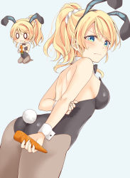 Rule 34 | 1girl, animal ears, arm grab, ass, ayase eli, bare shoulders, black neckwear, blonde hair, blue eyes, blush, bow, bowtie, breasts, rabbit ears, rabbit tail, carrot, chibi, dutch angle, eating, embarrassed, from below, from side, highres, looking at viewer, love live!, love live! school idol project, medium breasts, mogu (au1127), multiple views, neck bell, o o, pantyhose, scrunchie, sideboob, sitting, strapless, tail, wariza, white background, white scrunchie, wrist cuffs