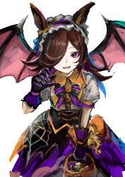 Rule 34 | 1girl, absurdres, animal ears, bat wings, black bow, black bowtie, black wings, bow, bowtie, brown hair, commentary request, corset, cowboy shot, gloves, hair over one eye, hairband, halloween bucket, halloween costume, highres, horse ears, lolita hairband, long bangs, long hair, looking at viewer, official alternate costume, okitsuma, open mouth, puffy short sleeves, puffy sleeves, purple eyes, purple gloves, purple skirt, rice shower (make up vampire!) (umamusume), rice shower (umamusume), short sleeves, skirt, solo, umamusume, underbust, white skirt, wings