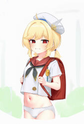 Rule 34 | 1girl, absurdres, ahoge, bag, beret, black neckerchief, blonde hair, breasts, collarbone, crime prevention buzzer, girls&#039; frontline, girls&#039; frontline 2: exilium, hat, hat feather, highres, holding, holding bag, light leave, looking at viewer, low twintails, nagant revolver (girls&#039; frontline), navel, neckerchief, open mouth, outdoors, panties, petite, red bag, red eyes, red sailor collar, sailor collar, school uniform, serafuku, shirt, short sleeves, small breasts, smile, solo, stomach, sweatdrop, twintails, underwear, upper body, white hat, white panties, white shirt