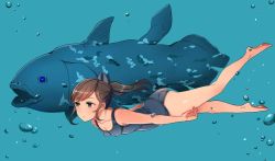 Rule 34 | 10s, 1girl, ass, bare shoulders, barefoot, breasts, brown eyes, brown hair, cleavage, coelacanth, fish, i-401 (kancolle), kantai collection, md5 mismatch, one-piece swimsuit, oniku (oishii oniku), ponytail, resized, school swimsuit, short hair, small breasts, solo, swimming, swimsuit, tan, underwater