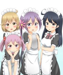 Rule 34 | &gt;:&gt;, 10s, 4girls, :&gt;, ahoge, akebono (kancolle), alternate costume, apron, bandaid, bandaid on face, black hair, blush, enmaided, flower, hair bobbles, hair flower, hair ornament, kantai collection, light brown hair, looking at viewer, maid, maid apron, maid headdress, multiple girls, nedia (nedia region), oboro (kancolle), open mouth, pink hair, puffy short sleeves, puffy sleeves, purple hair, sazanami (kancolle), short hair, short sleeves, side ponytail, twintails, ushio (kancolle), v-shaped eyebrows, waist apron, white background