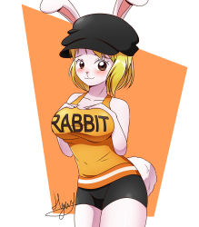 Rule 34 | 1girl, absurdres, animal ears, bike shorts, black headwear, blonde hair, blush, breasts, brown eyes, carrot (one piece), clothes writing, colored skin, furry, furry female, hands on own chest, highres, hyunh211, large breasts, one piece, rabbit ears, rabbit girl, rabbit nose, rabbit tail, shirt, signature, tail, tank top, tight clothes, tight shirt, white skin