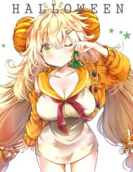 Rule 34 | 1girl, ;&lt;, arm up, blonde hair, blush, breasts, cardigan, cleavage, collarbone, commentary, cowboy shot, dress, food-themed hair ornament, girls&#039; frontline, green eyes, hair between eyes, hair ornament, hair scrunchie, hairclip, halloween, heart, heart-shaped pupils, holding, large breasts, long hair, long sleeves, looking at viewer, melings (aot2846), notice lines, official alternate costume, one eye closed, open cardigan, open clothes, orange cardigan, orange sailor collar, orange scrunchie, pumpkin hair ornament, red neckwear, revision, s.a.t.8 (girls&#039; frontline), s.a.t.8 (pumpkin skewers) (girls&#039; frontline), sailor collar, sailor dress, scrunchie, short dress, simple background, solo, star (symbol), symbol-shaped pupils, tears, very long hair, white background, white dress