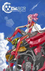 Rule 34 | 1girl, absurdres, bodysuit, breasts, brown eyes, commentary, copyright name, day, em8er, english commentary, hair ornament, hairclip, highres, lens flare, mecha, medium breasts, official art, open mouth, pilot suit, pink hair, ponytail, robot, sidelocks, skin tight, solo, swept bangs, tommaso renieri
