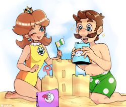 Rule 34 | 1boy, 1girl, beach, blue eyes, blush, boo (mario), breasts, brown hair, bucket, crown, day, facial hair, flag, flower, highres, kneeling, looking at another, luigi, mario &amp; sonic at the london 2012 olympic games, mario &amp; sonic at the olympic games, mario (series), medium breasts, mustache, navel, nintendo, one-piece swimsuit, one eye closed, princess daisy, sand, sand castle, sand sculpture, shorts, swimsuit, tongue, tongue out, wink