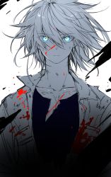 Rule 34 | 1boy, absurdres, blood, blood on chest, blood on clothes, blood on face, blue eyes, collarbone, floating hair, frown, hair between eyes, highres, jacket, looking at viewer, male focus, monochrome, multicolored eyes, original, short hair, simple background, sketch, solo, spot color, straight-on, straight hair, torn clothes, torn jacket, upper body, waka (shark waka), yellow eyes