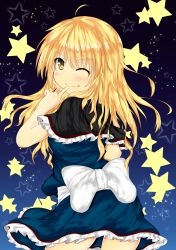 Rule 34 | 1girl, ahoge, alice margatroid, alice margatroid (cosplay), blonde hair, blue background, bow, capelet, cosplay, dress, finger to mouth, heart, highres, kirisame marisa, long hair, looking at viewer, looking back, mikage000, mikagemaru (mikage000), one eye closed, smile, solo, star (symbol), starry background, touhou, wink, yellow eyes