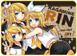 Rule 34 | 10s, 2012, 3girls, blonde hair, blue eyes, blush, character name, clone, future style (module), kagamine rin, long hair, looking at viewer, multiple girls, aged up, open mouth, short hair, smile, tamura hiro, v, vocaloid, aged down
