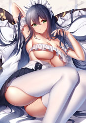 Rule 34 | 1girl, arm behind head, arm garter, arm up, armpits, azur lane, bare shoulders, black hair, black skirt, blush, breasts, cleavage, collarbone, frills, green eyes, highres, indomitable (azur lane), indomitable (ms. motivationless maid) (azur lane), large breasts, long hair, looking at viewer, maid headdress, official alternate costume, skirt, solo, thighhighs, thighs, underboob, very long hair, white thighhighs, wsman