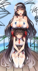 Rule 34 | 2girls, 3:, bikini, black hair, blush, breast rest, breasts, closed mouth, corset, day, flower, girls&#039; frontline, hair between eyes, hair flower, hair ornament, hairband, highres, interlocked fingers, kneeling, large breasts, long hair, looking at viewer, medium breasts, muloli, multiple girls, ocean, official alternate costume, open mouth, outdoors, own hands together, sidelocks, skirt, smile, standing, sweatdrop, swimsuit, teeth, thighhighs, thighs, two side up, type 95 (girls&#039; frontline), type 95 (summer cicada) (girls&#039; frontline), type 97 (girls&#039; frontline), very long hair, white bikini, white legwear, white skirt, yellow eyes