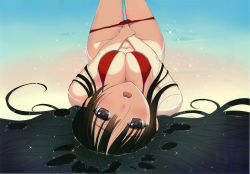 Rule 34 | 1girl, beach, bikini, bikini pull, black eyes, black hair, blush, breasts, cleavage, clothes pull, foreshortening, highres, long hair, looking at viewer, lying, navel, on back, open mouth, partially submerged, red bikini, scan, sidelocks, solo, sparkle, swimsuit, tony taka