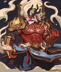 Rule 34 | 1boy, abs, antlers, armor, aura, bara, bare pectorals, beard, belt buckle, bodypaint, botto831, buckle, clothes lift, colored skin, dragon horns, facial hair, feet out of frame, frown, gem, gold armor, heaven and earth tribulation, horns, large pectorals, male focus, mature male, muscular, muscular male, mustache, nail polish, nipples, pauldrons, pectorals, pelvic curtain, pelvic curtain lift, purple nails, red skin, reindeer antlers, shoulder armor, smoke, solo, xieyu