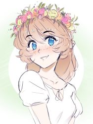 Rule 34 | 1girl, blue eyes, braid, brooke (mleth), brown hair, collarbone, crown braid, flower wreath, freckles, hair between eyes, light blush, long hair, looking at viewer, mleth, original, parted lips, partially colored, short sleeves, simple background, sketch, smile, solo, white background