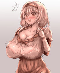 Rule 34 | 1girl, ^^^, areola slip, asakura aoshi, bad id, bad pixiv id, blush, bouncing breasts, breasts, cleavage, collarbone, crying, crying with eyes open, djeeta (granblue fantasy), gauntlets, gradient background, granblue fantasy, grey background, hands on own chest, highres, huge breasts, motion lines, no bra, open mouth, ribbon, round teeth, shirt, short hair, solo, surprised, tears, teeth, torn clothes, torn shirt, undersized clothes, upper body