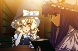 Rule 34 | 2girls, anime coloring, bad id, bad pixiv id, blonde hair, blush, book, bookshelf, broiler, head rest, female focus, hat, head rest, kirisame marisa, library, long hair, multiple girls, no nose, open book, patchouli knowledge, purple hair, reading, ribbon, sitting, staring, touhou, voile, yellow eyes