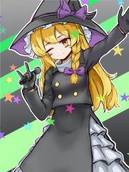 Rule 34 | 1girl, \n/, absurdres, arm up, black gloves, black hat, black sleeves, blonde hair, blush stickers, bow, braid, buttons, closed mouth, cookie (touhou), eyelashes, gloves, hair between eyes, hair bow, hat, hat bow, highres, holding, holding microphone, kirisame marisa, long hair, long sleeves, microphone, one eye closed, purple bow, rei (cookie), solo, standing, star (symbol), striped, striped background, touhou, witch hat, yellow eyes, youmo de chihuo