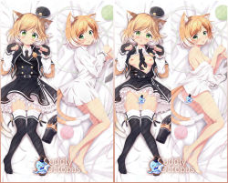 Rule 34 | 1girl, animal ear fluff, animal ears, arknights, bed sheet, black gloves, black headwear, black neckwear, black skirt, black thighhighs, black vest, blonde hair, blush, bottomless, breasts, cat ears, cat girl, cat tail, censored, character censor, collared shirt, commentary request, dakimakura (medium), diagonal stripes, female focus, fingerless gloves, frilled skirt, frilled sleeves, frills, gloves, green eyes, groin, hands up, hat, unworn hat, unworn headwear, long sleeves, lying, medium breasts, mini hat, mousse (arknights), multicolored hair, multiple tails, multiple views, naked shirt, necktie, nipples, no shoes, nose blush, novelty censor, off shoulder, on back, on side, open clothes, open mouth, open shirt, paw pose, shirt, short hair, skirt, striped, sui. (ayase), swept bangs, tail, thighhighs, tongue, tongue out, two-tone hair, two tails, vest, white hair, white shirt, yarn, yarn ball