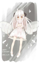 Rule 34 | 1girl, absurdres, ahoge, ayanepuna, black ribbon, blush, borrowed character, brown eyes, commentary request, covered mouth, dated, detached wings, dress, hair ornament, hair ribbon, hairclip, happy birthday, heart, highres, long hair, looking at viewer, hugging object, original, ribbon, see-through, shoes, solo, stuffed animal, stuffed rabbit, stuffed toy, very long hair, white dress, white footwear, white hair, white wings, wings