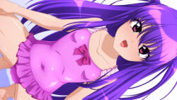 Rule 34 | 1girl, absurdres, breasts, cameltoe, casual one-piece swimsuit, collarbone, covered navel, dutch angle, highres, long hair, looking at viewer, one-piece swimsuit, open mouth, original, pink one-piece swimsuit, purple eyes, purple hair, round teeth, sideways, small breasts, smile, solo, squatting, sugimura tomokazu, swimsuit, swimsuit skirt, teeth, two side up, upper teeth only