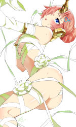 Rule 34 | 1girl, absurdres, ass, bandaged arm, bandaged leg, bandages, bare shoulders, blue eyes, blush, bracelet, breasts, day, detached sleeves, double bun, fate/grand order, fate (series), frankenstein&#039;s monster (fate), frankenstein&#039;s monster (swimsuit saber) (fate), frankenstein&#039;s monster (swimsuit saber) (third ascension) (fate), hair bun, hair ornament, hair over one eye, hairclip, headgear, highres, horns, jewelry, looking at viewer, mechanical horns, medium breasts, naked bandage, open mouth, pink hair, short hair, single detached sleeve, single horn, solo, thighs, tochi keisuke