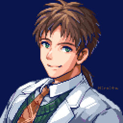 Rule 34 | 1boy, blue background, bowman jean, brown necktie, closed mouth, collared shirt, green eyes, green sweater, hiroita, jacket, long hair, looking at viewer, lowres, male focus, necktie, pixel art, ponytail, shirt, smile, solo, star ocean, star ocean the second story, sweater, white jacket, white shirt