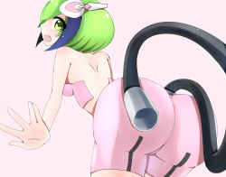 Rule 34 | 10s, 1girl, android, ass, bare arms, bare shoulders, bent over, bike shorts, blue hair, blush, bra, breasts, cable, cable tail, dimension w, green eyes, green hair, headgear, horoooo, huge ass, leaning, leaning forward, looking at viewer, looking back, matching hair/eyes, mechanical tail, multicolored hair, open mouth, pink shorts, shiny clothes, shiny skin, short hair, shorts, solo, streaked hair, tail, underwear, yurizaki mira