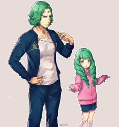 Rule 34 | 1boy, 1girl, alternate costume, blue pants, blue shorts, brother and sister, closed mouth, contemporary, fire emblem, fire emblem: three houses, flayn (fire emblem), green eyes, green hair, hair ornament, hashiko (neleven), holding, long hair, long sleeves, matching hair/eyes, nintendo, open mouth, pants, seteth (fire emblem), short hair, shorts, siblings, simple background, sleeves past wrists, twitter username, whistle, whistle around neck, white legwear