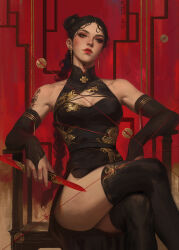 Rule 34 | 1girl, absurdres, artist name, black hair, breasts, china dress, chinese clothes, crossed legs, dagger, double-blade, dress, earrings, elbow gloves, gloves, highres, holding, holding dagger, holding knife, holding weapon, jewelry, knife, looking at viewer, original, sitting, solo, thighhighs, weapon, wodeipoi
