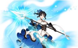 Rule 34 | 1girl, armor, bare shoulders, black hair, bleach, bleach: brave souls, bodskih, breasts, brown eyes, choker, commentary, dress, elbow gloves, english commentary, feet out of frame, gloves, hinamori momo, holding, holding polearm, holding spear, holding weapon, looking at viewer, official art, polearm, ponytail, small breasts, solo, spear, thighhighs, transparent background, weapon