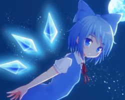 Rule 34 | 1girl, blue dress, blue eyes, blue hair, bow, cirno, dress, full moon, hair bow, ice, ice wings, looking at viewer, matching hair/eyes, moon, negishio, night, puffy short sleeves, puffy sleeves, shirt, short sleeves, sky, smile, solo, star (sky), starry sky, touhou, wings