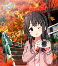 Rule 34 | 1girl, autumn, bad id, bad pixiv id, bamboo, black hair, blue eyes, blush, camera, leaf, long hair, looking at viewer, maple leaf, one eye closed, open mouth, original, ragho no erika, railing, smile, solo, stairs, tree, tree shade, upper body, wink