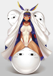 Rule 34 | 1girl, absurdres, animal ears, blanket, blush stickers, breasts, closed mouth, collarbone, commentary request, competition swimsuit, covered navel, dark-skinned female, dark skin, eyeliner, facial mark, fate/grand order, fate (series), full body, grey background, hair between eyes, hair tubes, hairband, highres, large breasts, long hair, looking at viewer, makeup, nitocris (fate), nitocris (fate/grand order), nitocris (swimsuit assassin) (fate), nitocris (swimsuit assassin) (second ascension) (fate), one-piece swimsuit, purple eyes, purple hair, shiny clothes, shiny skin, simple background, sitting, smile, solo, straddling, swimsuit, thighs, very long hair, watosu (watosu mama), white one-piece swimsuit, yellow hairband
