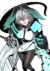 Rule 34 | 1girl, aqua eyes, arknights, black gloves, black pantyhose, coat, dress, feet out of frame, fingerless gloves, gloves, grey hair, hair between eyes, head wings, ho&#039;olheyak (arknights), looking at viewer, open clothes, open coat, pantyhose, parted lips, seto tinami, short hair, signature, simple background, snake tail, solo, tail, twitter username, white background, white coat, white dress, wings
