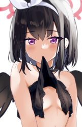 Rule 34 | 1girl, bikini, bikini in mouth, black bikini, black hair, black wings, blue archive, blush, bow, bow hairband, breasts, clothes in mouth, frilled bikini, frills, hairband, halo, highres, looking at viewer, mashiro (blue archive), mashiro (swimsuit) (blue archive), mouth hold, purple eyes, short hair, small breasts, solo, swimsuit, tsumayouji (tumayog), underboob, upper body, white bow, white hairband, winged halo, wings
