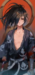 Rule 34 | 1boy, bad id, bad pixiv id, black hair, blood, blood splatter, blood stain, dororo (tezuka), hair over one eye, hyakkimaru (dororo), japanese clothes, long hair, looking at viewer, male focus, missing limb, open clothes, otuming, ponytail, red eyes, solo, sword, weapon