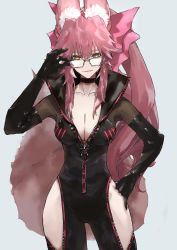 Rule 34 | 1girl, absurdres, animal ear fluff, animal ears, black bodysuit, bodysuit, bow, breasts, center opening, choker, cleavage, fate/grand order, fate (series), fox ears, fox girl, fox tail, glasses, hair between eyes, hair bow, highres, hip vent, kdm (ke dama), koyanskaya (assassin) (first ascension) (fate), koyanskaya (fate), large breasts, long hair, looking at viewer, pink bow, pink hair, ponytail, sidelocks, smile, solo, tail, tamamo (fate), thighs, yellow eyes