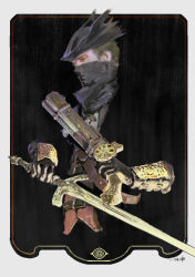 Rule 34 | 1boy, bicorne, black hat, bloodborne, from side, gun, hat, highres, holding, holding gun, holding sword, holding weapon, hunter (bloodborne), male focus, mask, miso katsu, mouth mask, musket, signature, solo, sword, upper body, weapon