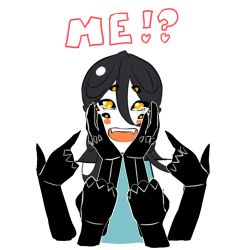 Rule 34 | !?, 1girl, black hair, black sclera, blue shirt, boku no hero academia, claireiosity, claws, colored sclera, crying, crying with eyes open, english text, exoskeleton, extra arms, extra eyes, fang, fangs, female focus, hair between eyes, hand on own face, hands on own face, happy, happy tears, heart, highres, kumo kiomi (claireiosity), light blush, long hair, open mouth, original, pale skin, pointing, pointing at self, sharp teeth, shirt, solo, solo focus, tearing up, tears, teeth, tongue, white background, yellow eyes