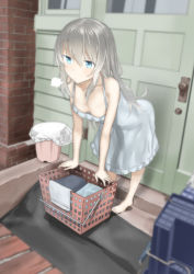 Rule 34 | 1girl, puff of air, araido kagiri, bad id, bad pixiv id, bare arms, bare shoulders, barefoot, bent over, blue eyes, blurry, blush, breasts, brick wall, collarbone, depth of field, door, downblouse, dress, female focus, grey hair, hair between eyes, highres, laundry, laundry basket, long hair, original, outdoors, sidelocks, sleeveless, sleeveless dress, small breasts, solo, standing, trash can, v-shaped eyebrows, white dress