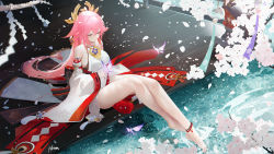 Rule 34 | 1girl, animal ears, bare shoulders, barefoot, blush, breasts, bug, butterfly, closed eyes, detached sleeves, earrings, fox ears, genshin impact, hair ornament, highres, insect, jewelry, large breasts, legs, long hair, necklace, omone hokoma agm, pendant, pink hair, red skirt, sidelocks, sitting, skirt, sleeveless, thighs, very long hair, water, wide sleeves, wooden floor, yae miko