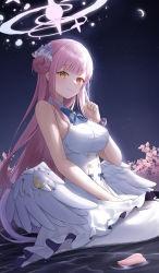 Rule 34 | 1girl, absurdres, bare arms, bare shoulders, blue archive, breasts, closed mouth, crescent, dress, frilled dress, frills, hair bun, halo, highres, hini ni, large breasts, long hair, looking at viewer, mika (blue archive), moon, night, night sky, outdoors, petals, pink hair, sitting, sky, sleeveless, sleeveless dress, smile, solo, star (sky), starry sky, water, white dress, wings, yellow eyes