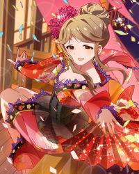 Rule 34 | 10s, 1girl, :d, artist request, brown eyes, brown hair, card, confetti, flower, hair ornament, hand fan, heart, idolmaster, idolmaster million live!, japanese clothes, looking at viewer, musical note, official art, open mouth, skirt, smile, tenkuubashi tomoka